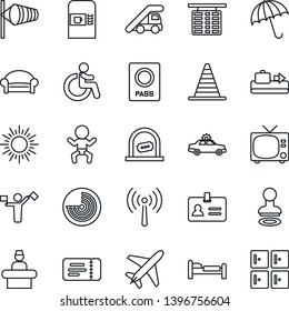 Thin Line Icon Set - plane vector, dispatcher, antenna, baggage conveyor, coffee machine, umbrella, tv, waiting area, ticket, alarm car, baby, disabled, reception, office, passport, identity, stamp