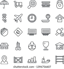 Thin Line Icon Set - plane vector, navigation, railroad, store, satellite, office phone, client, sea shipping, truck trailer, clock, container, fragile, cargo, umbrella, warehouse storage, no hook