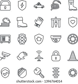 Thin Line Icon Set - plane radar vector, security gate, alarm car, border cone, safe, glove, boot, hose, heart shield, traffic light, protect, lock, key, home, surveillance, crisis management