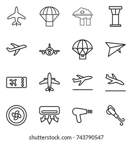 thin line icon set : plane, parachute, factory filter, airport tower, delivery, deltaplane, ticket, airplane, departure, arrival, cooler fan, air conditioning, hair dryer, blower