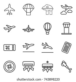 thin line icon set : plane, parachute, factory filter, journey, air ballon, airport tower, ticket, departure, arrival, inflatable mattress, cooler fan, conditioning, blower