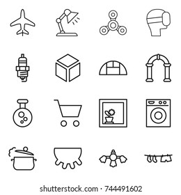 thin line icon set : plane, table lamp, spinner, virtual mask, spark plug, 3d, greenhouse, arch, chemical, cart, flower in window, washing machine, steam pan, udder, hard reach place cleaning