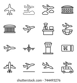 thin line icon set : plane, weather management, journey, airport building, customs control, shipping, tower, ticket, airplane, departure, arrival, transfer