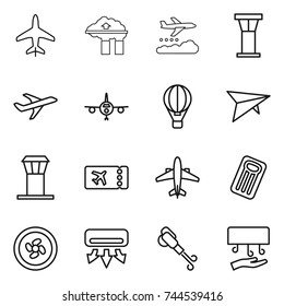 thin line icon set : plane, factory filter, weather management, airport tower, air ballon, deltaplane, ticket, airplane, inflatable mattress, cooler fan, conditioning, blower, hand dryer