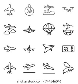 thin line icon set : plane, rocket, weather management, drone, journey, parachute delivery, shipping, deltaplane, ticket, airplane, departure, arrival, wasp