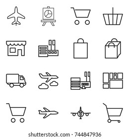 thin line icon set : plane, presentation, cart, basket, shop, store, shopping bag, delivery, journey, mall, consolidated cargo