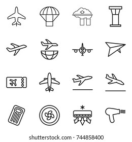 thin line icon set : plane, parachute, factory filter, airport tower, shipping, deltaplane, ticket, airplane, departure, arrival, inflatable mattress, cooler fan, air conditioning, hair dryer