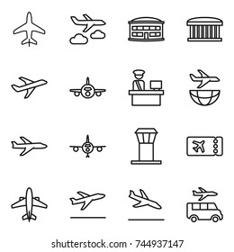 thin line icon set : plane, journey, airport building, customs control, shipping, tower, ticket, airplane, departure, arrival, transfer
