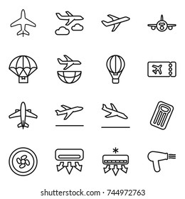 thin line icon set : plane, journey, parachute delivery, shipping, air ballon, ticket, airplane, departure, arrival, inflatable mattress, cooler fan, conditioning, hair dryer