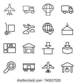thin line icon set : plane, truck, parachute, delivery, cargo stoller, journey, loading crane, consolidated, warehouse, package, search, railroad shipping, airplane
