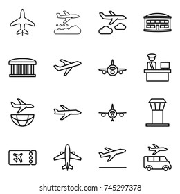 thin line icon set : plane, weather management, journey, airport building, customs control, shipping, tower, ticket, airplane, departure, transfer