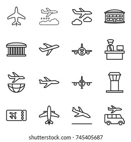 thin line icon set : plane, weather management, journey, airport building, customs control, shipping, tower, ticket, airplane, arrival, transfer