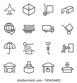 thin line icon set : plane, box, cargo stoller, warehouse, delivery, truck shipping, trolley, dry, sun potection, do not hook sign, courier, package