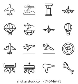 thin line icon set : plane, weather management, airport tower, parachute delivery, shipping, air ballon, airplane, departure, arrival, cooler fan, conditioning, hair dryer, blower