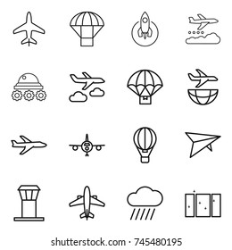 thin line icon set : plane, parachute, rocket, weather management, lunar rover, journey, delivery, shipping, air ballon, deltaplane, airport tower, airplane, rain cloud, clean window