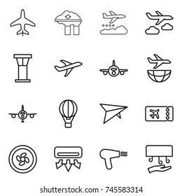 thin line icon set : plane, factory filter, weather management, journey, airport tower, shipping, air ballon, deltaplane, ticket, cooler fan, conditioning, hair dryer, hand