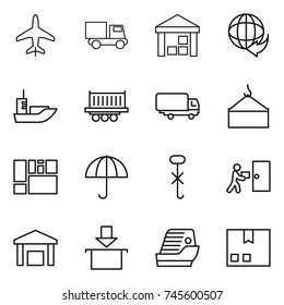 thin line icon set : plane, truck, warehouse, delivery, sea shipping, loading crane, consolidated cargo, dry, do not hook sign, courier, package, cruise ship