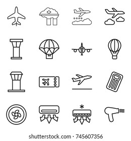 thin line icon set : plane, factory filter, weather management, journey, airport tower, parachute delivery, air ballon, ticket, departure, inflatable mattress, cooler fan, conditioning, hair dryer