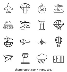 thin line icon set : plane, parachute, rocket, weather management, lunar rover, journey, airport tower, delivery, shipping, air ballon, deltaplane, rain cloud, clean window