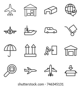 thin line icon set : plane, warehouse, delivery, sea shipping, car, trolley, dry cargo, top sign, courier, search, airplane, package