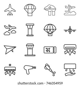 thin line icon set : plane, parachute, factory filter, weather management, journey, airport tower, delivery, deltaplane, ticket, air conditioning, hair dryer, blower, hand
