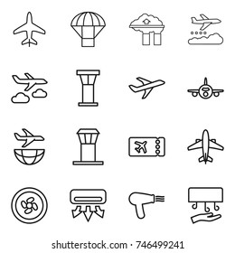 thin line icon set : plane, parachute, factory filter, weather management, journey, airport tower, shipping, ticket, airplane, cooler fan, air conditioning, hair dryer, hand