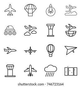 thin line icon set : plane, parachute, rocket, weather management, lunar rover, journey, airport tower, shipping, air ballon, deltaplane, airplane, rain cloud, clean window