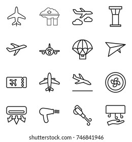 thin line icon set : plane, factory filter, journey, airport tower, parachute delivery, deltaplane, ticket, airplane, arrival, cooler fan, air conditioning, hair dryer, blower, hand