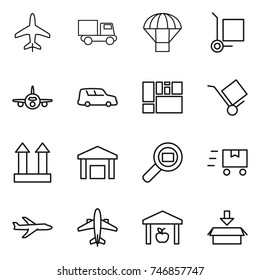 thin line icon set : plane, truck, parachute, cargo stoller, car shipping, consolidated, trolley, top sign, warehouse, search, fast deliver, airplane, package