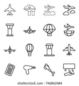 thin line icon set : plane, factory filter, weather management, journey, airport tower, parachute delivery, shipping, air ballon, airplane, inflatable mattress, hair dryer, blower, hand