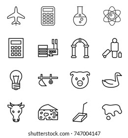 thin line icon set : plane, calculator, round flask, atom, mall, arch, passenger, bulb, plow, pig, goose, cow, cheese, scoop, spot