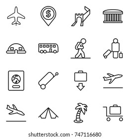 thin line icon set : plane, dollar pin, greate wall, airport building, dome house, bus, tourist, passenger, passport, suitcase, baggage get, departure, arrival, tent, palm, trolley