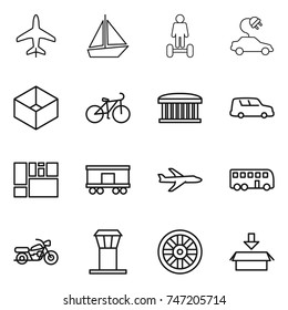 thin line icon set : plane, boat, hoverboard, electric car, box, bike, airport building, shipping, consolidated cargo, railroad, bus, motorcycle, tower, wheel, package