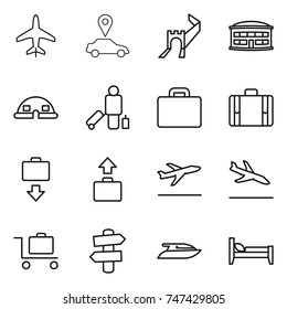 thin line icon set : plane, car pointer, greate wall, airport building, dome house, passenger, suitcase, baggage get, departure, arrival, trolley, signpost, yacht, bed