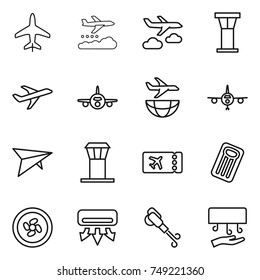 thin line icon set : plane, weather management, journey, airport tower, shipping, deltaplane, ticket, inflatable mattress, cooler fan, air conditioning, blower, hand dryer