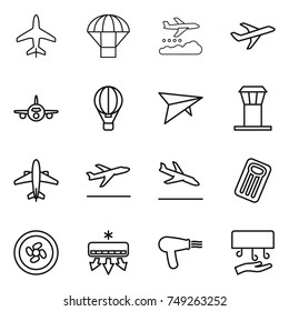 thin line icon set : plane, parachute, weather management, air ballon, deltaplane, airport tower, airplane, departure, arrival, inflatable mattress, cooler fan, conditioning, hair dryer, hand