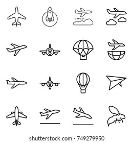 thin line icon set : plane, rocket, weather management, journey, parachute delivery, shipping, air ballon, deltaplane, airplane, departure, arrival, wasp