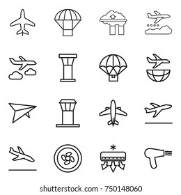 thin line icon set : plane, parachute, factory filter, weather management, journey, airport tower, delivery, shipping, deltaplane, airplane, departure, arrival, cooler fan, air conditioning