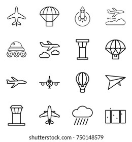 thin line icon set : plane, parachute, rocket, weather management, lunar rover, journey, airport tower, delivery, air ballon, deltaplane, airplane, rain cloud, clean window