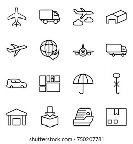 thin line icon set : plane, delivery, journey, warehouse, shipping, car, consolidated cargo, dry, do not hook sign, package, cruise ship