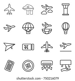 thin line icon set : plane, factory filter, journey, airport tower, parachute delivery, shipping, air ballon, deltaplane, ticket, airplane, departure, inflatable mattress, cooler fan, conditioning