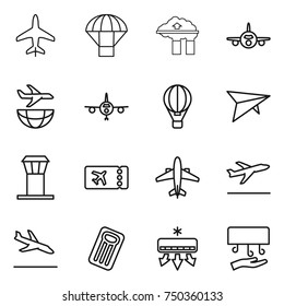 thin line icon set : plane, parachute, factory filter, shipping, air ballon, deltaplane, airport tower, ticket, airplane, departure, arrival, inflatable mattress, conditioning, hand dryer