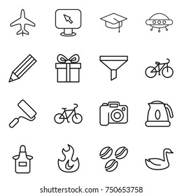 thin line icon set : plane, monitor arrow, graduate hat, ufo, pencil, gift, funnel, bike, repair, camera, kettle, apron, fire, coffee seeds, goose