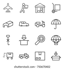thin line icon set : plane, courier, warehouse, cargo stoller, car shipping, scooter, dry, do not hook sign, package, search, parachute delivery, fast deliver, pickup