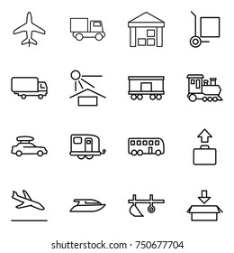 thin line icon set : plane, truck, warehouse, cargo stoller, shipping, sun potection, railroad, train, car baggage, trailer, bus, arrival, yacht, plow, package