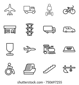 thin line icon set : plane, truck, hoverboard, bike, gas station, traffic light, shipping, car, fragile, train, taxi, invalid, cruise ship, stairs, plow