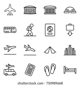 thin line icon set : plane, airport building, dome house, bus, tourist, passport, baggage get, departure, arrival, tent, hotel, transfer, inflatable mattress, flip flops, bed