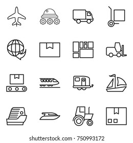 thin line icon set : plane, lunar rover, delivery, cargo stoller, package box, consolidated, fork loader, transporter tape, train, trailer, sail boat, cruise ship, yacht, tractor