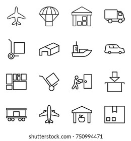 thin line icon set : plane, parachute, warehouse, delivery, cargo stoller, sea shipping, car, consolidated, trolley, courier, package, railroad, airplane