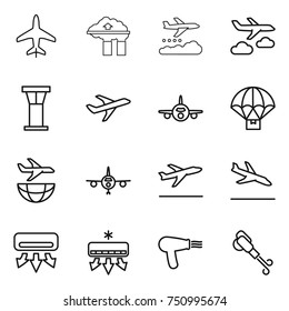 thin line icon set : plane, factory filter, weather management, journey, airport tower, parachute delivery, shipping, departure, arrival, air conditioning, hair dryer, blower
